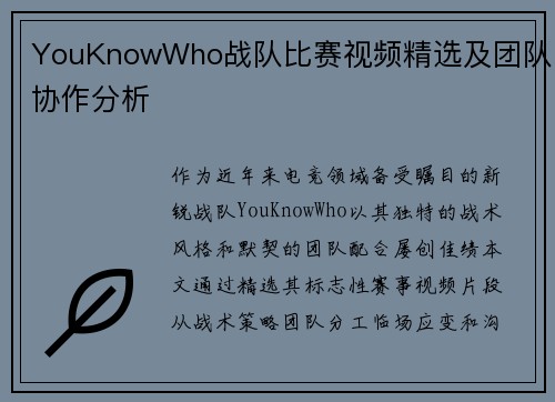 YouKnowWho战队比赛视频精选及团队协作分析
