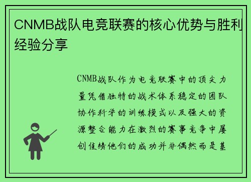 CNMB战队电竞联赛的核心优势与胜利经验分享