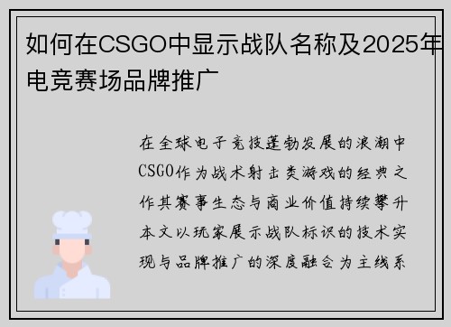 如何在CSGO中显示战队名称及2025年电竞赛场品牌推广